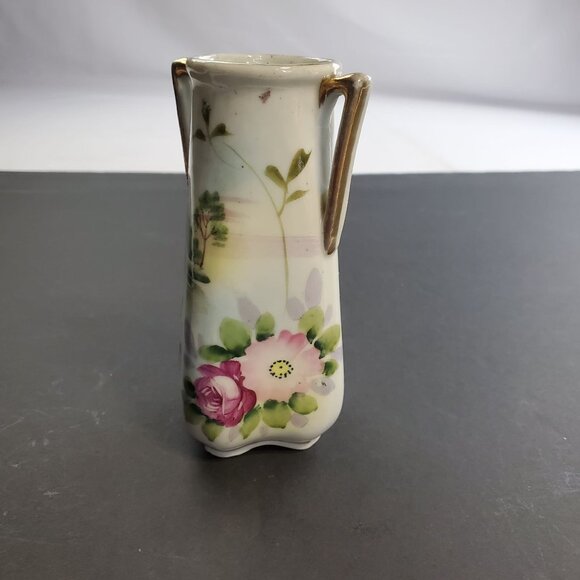 Vintage Nippon Vase Porcelain Painted Floral Design with Handles 5'' Tall - Picture 2 of 9